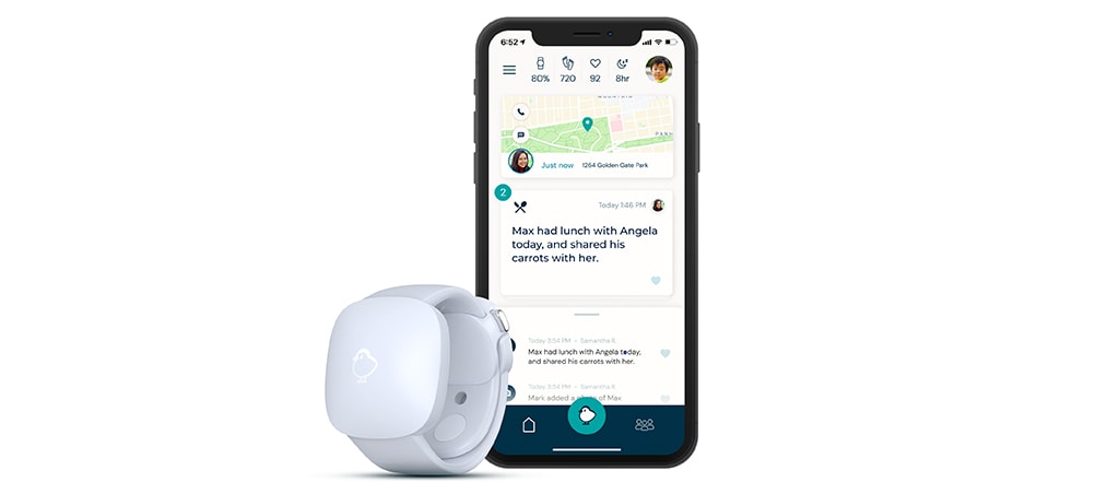The FCC approved Littlebird Toddler CareTracker wearable device shown with the Connected Care mobile app.