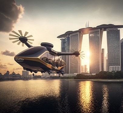 eVTOL flies over a harbor, with a city in the background.