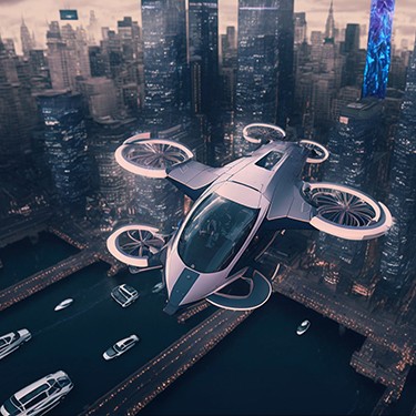 An eVTOL flies across a city, providing quick and easy urban transport